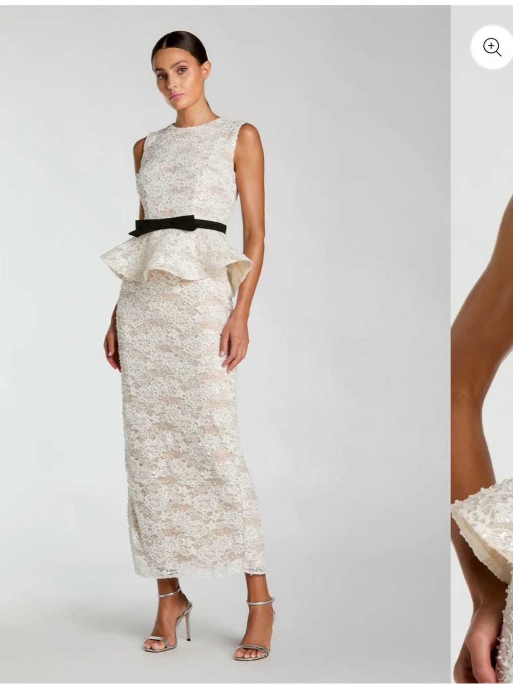 Sleeveless Ivory Lace Peplum Dress with Black Waist Bow